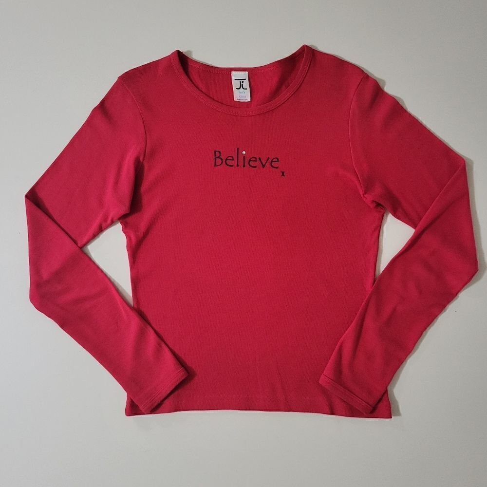 BELIEVE Women's Red Long Sleeve Crewneck Top